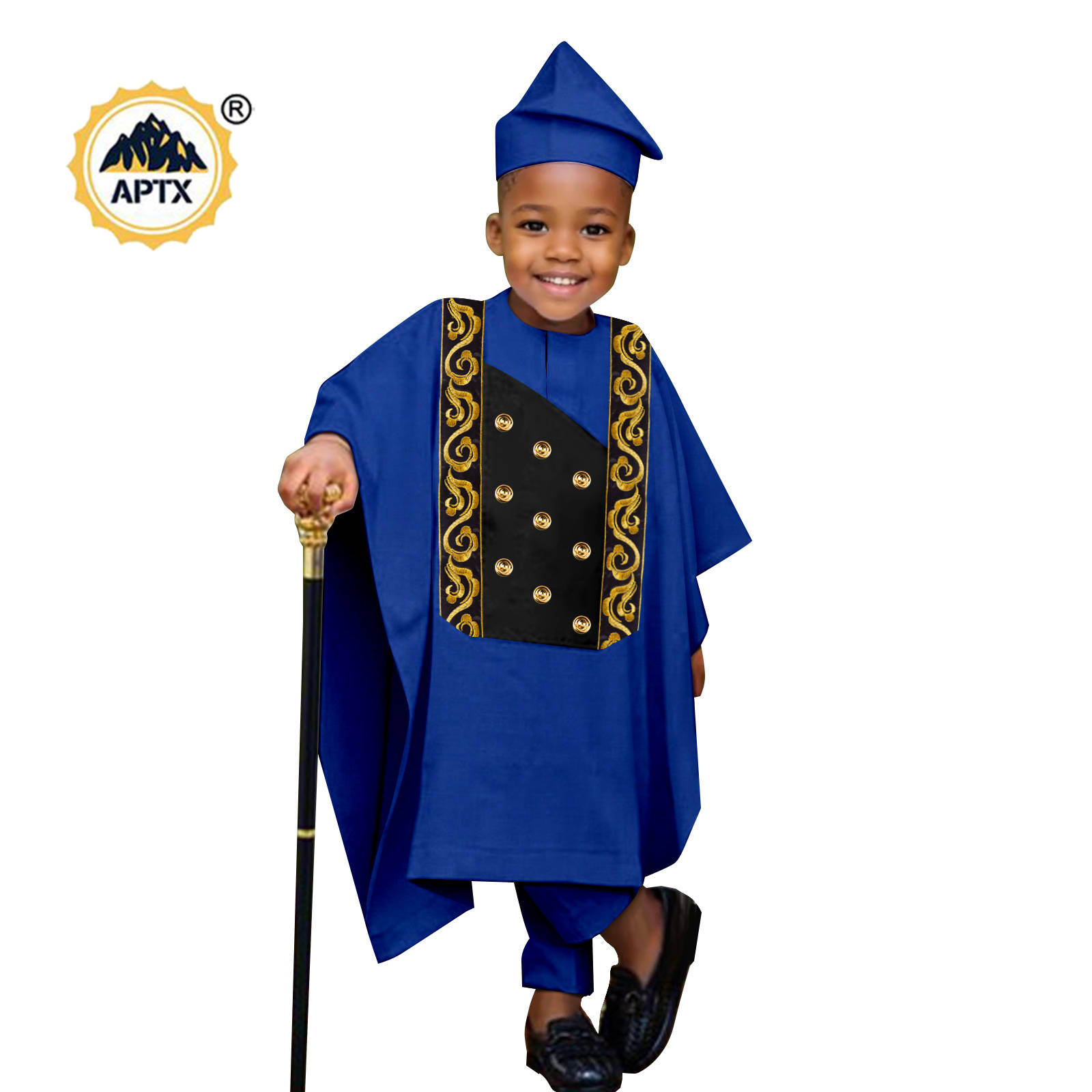 Africa Clothes for Boy Outfits Embroidery Button Robe Top and Pants Matching Hat Bazin Riche Children Kid Muslim Sets 2446044