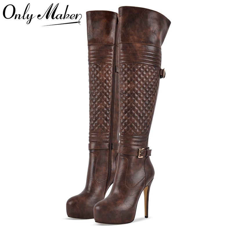 Onlymaker Women Over The Knee Boots Thin High Heel Lady Black Metal Chain Decoration Zipper Female Platform Boots