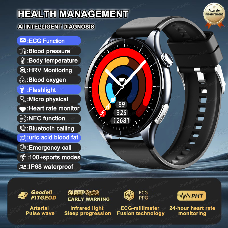 2025 New NFC  Health MonitorUric Acid Blood Pressure Blood oxygen Body Analysis Smart Watch ECG+PPG Clock Smartwatch Men lady