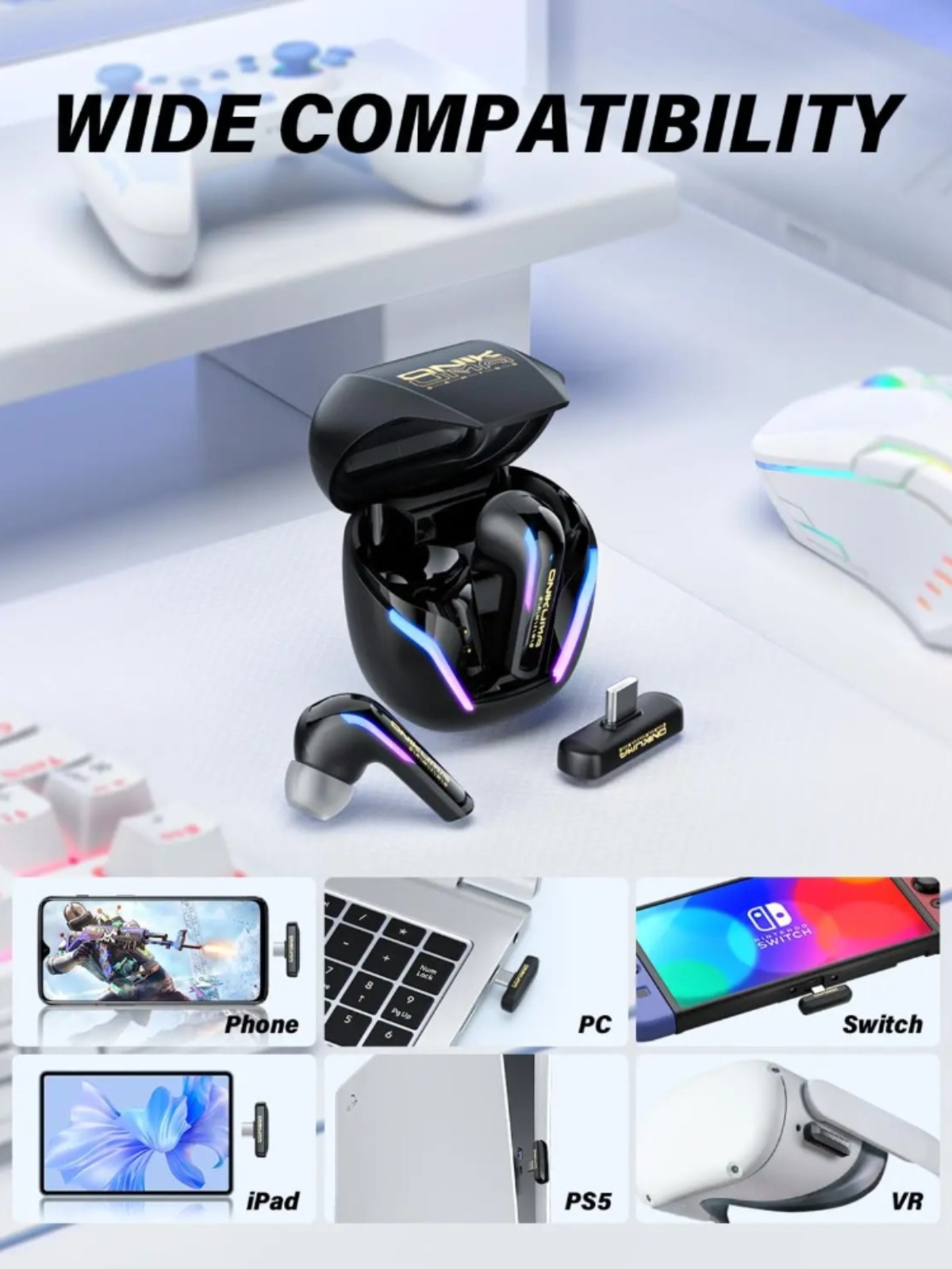 ONIKUMA T27 Wireless Earbuds Dual-mode with Touch Control 2.4Ghz Low Latency Stereo Bluetooth Headset Independent Connection