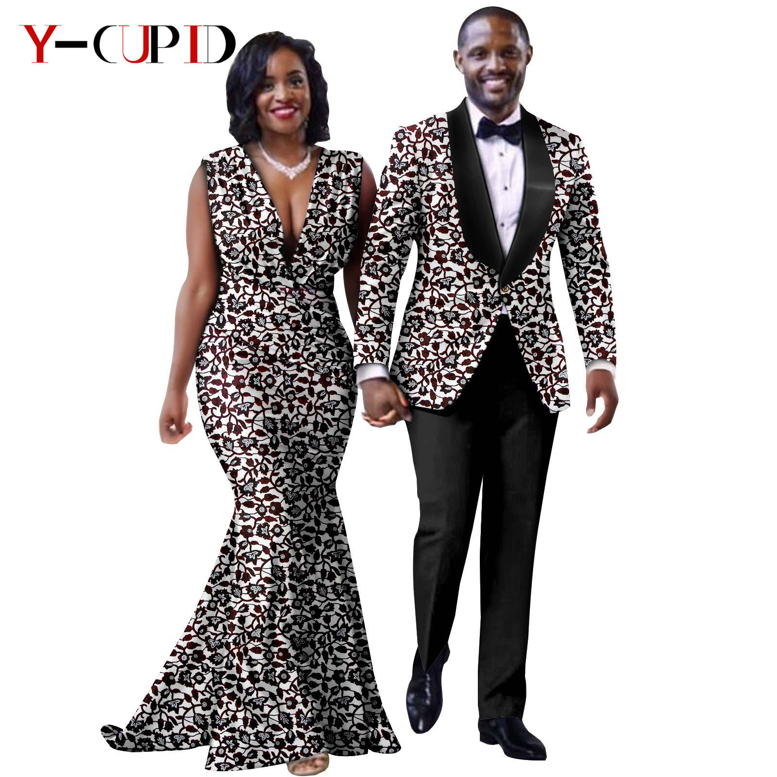 African Print Long Mermaid Dresses for Women Matching Couple Clothes Men Suits Top and Pant Sets Dashiki Party Wedding 25C005