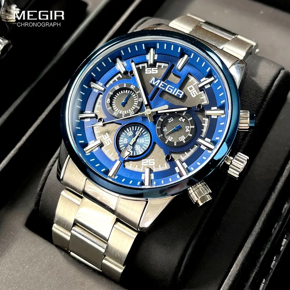 MEGIR 2220 Men's Quartz Watch Fashion and Elegant Business Chronograph Calendar Waterproof Stainless Steel Strap Watches for Man