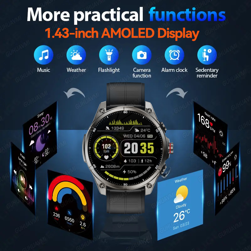 2026 GPS Smartwatch Outdoor Sports Waterproof Flashlight 1.43inch AMOLED Custom dial Call Compass Smart Watches For Android IOS