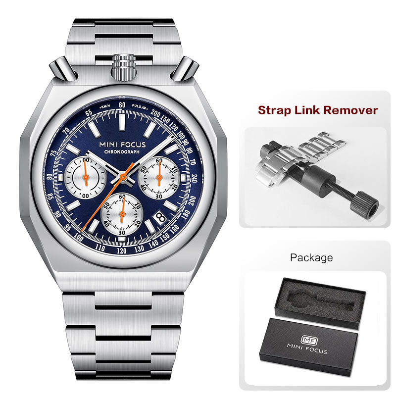 MINI FOCUS Chronograph Quartz Watch for Men Fashion Waterproof Luminous Wristwatch with Calendar Stainless Steel Strap 0601