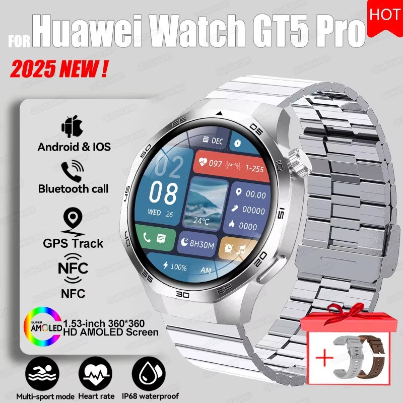 2025 For HUAWEI GT5 Pro GPS Track Smart Watch Men 360*360 AMOLED Screen NFC BT Call Waterproof Health Monitor Man Smartwatches