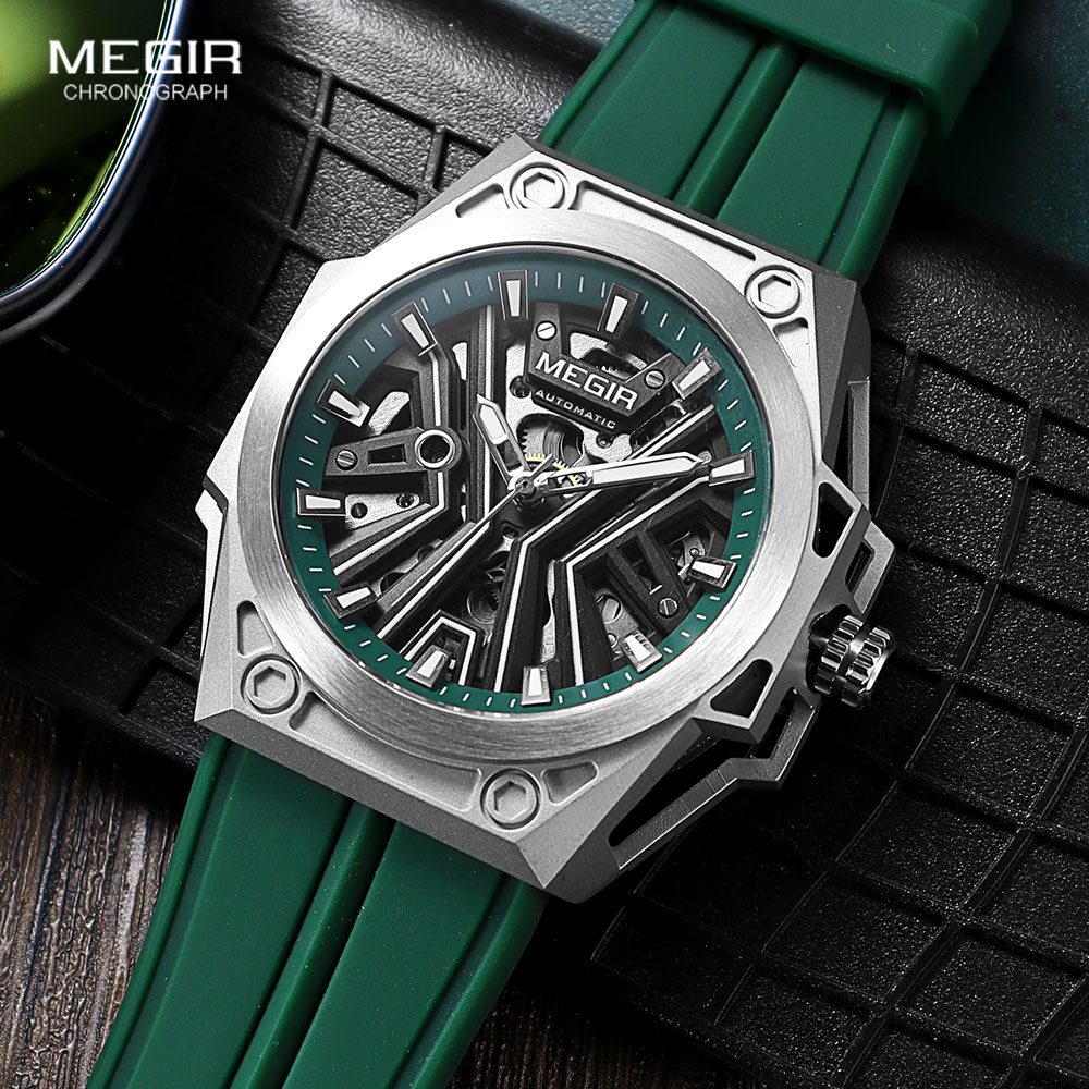 MEGIR Skeleton Dial Automatical Watch for Men Green Silicone Strap Waterproof Luminous Military Sport Mechanical Wristwatch
