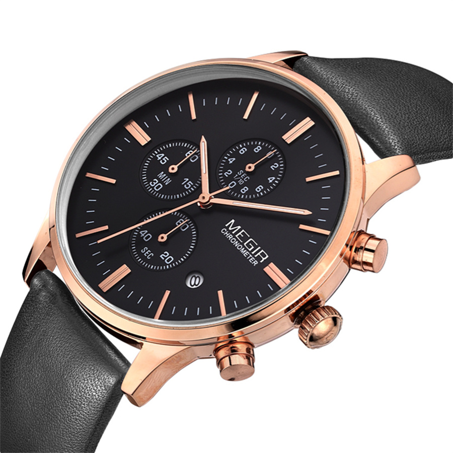 MEGIR 2011 Classic Men Quartz Watch Leather Strap Calendar Chronograph Luminous Waterproof Business Luxury Watches