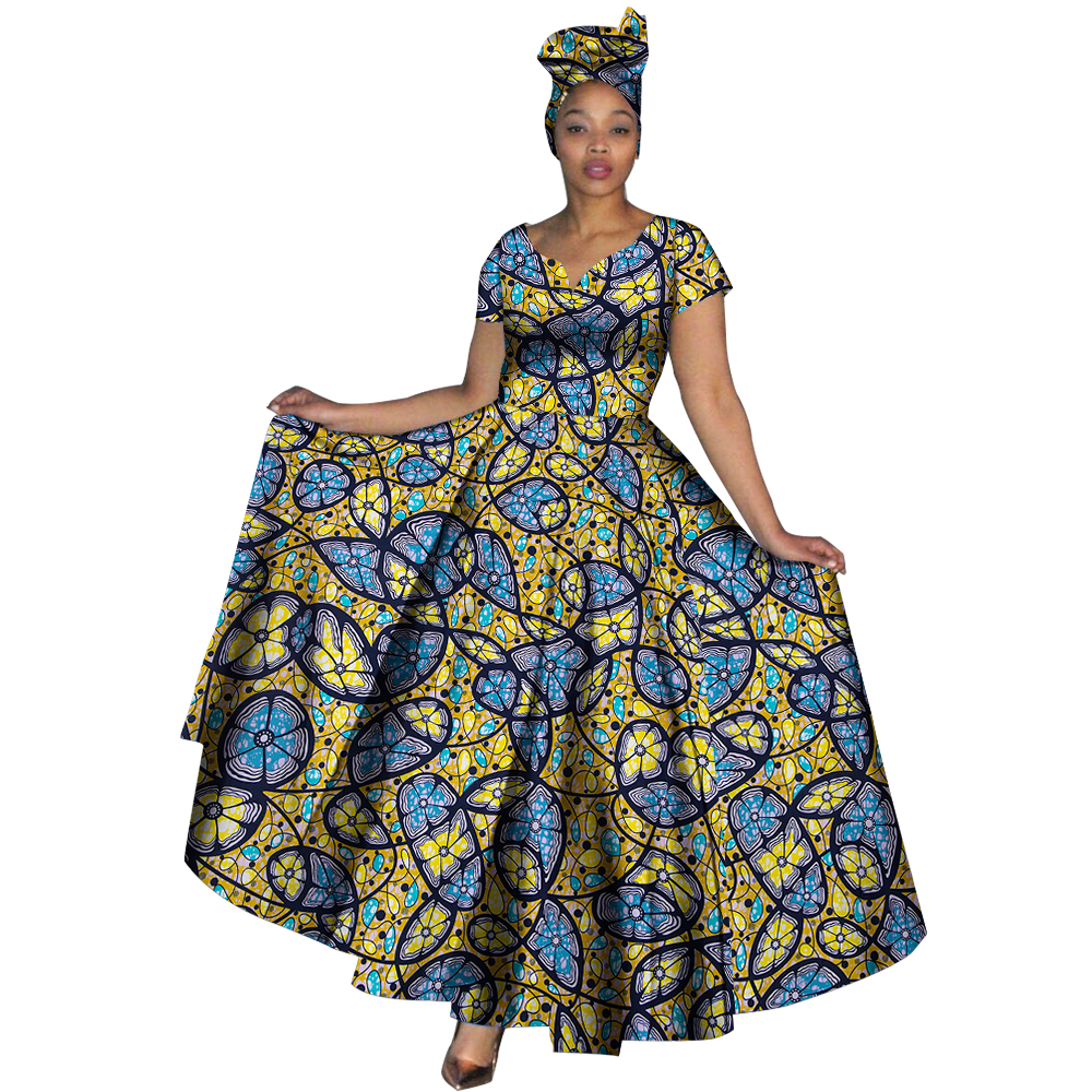 Fashion Women Clothes African Dresses Ankara Print V-neck Maix Long Dresses with Head Scarf Dashiki Women Outfit WY749