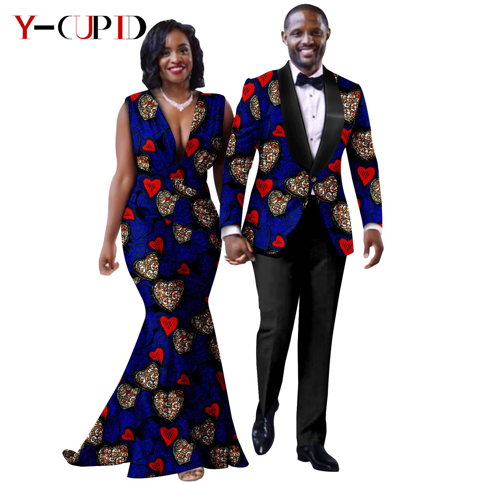 African Print Long Mermaid Dresses for Women Matching Couple Clothes Men Suits Top and Pant Sets Dashiki Party Wedding 25C005