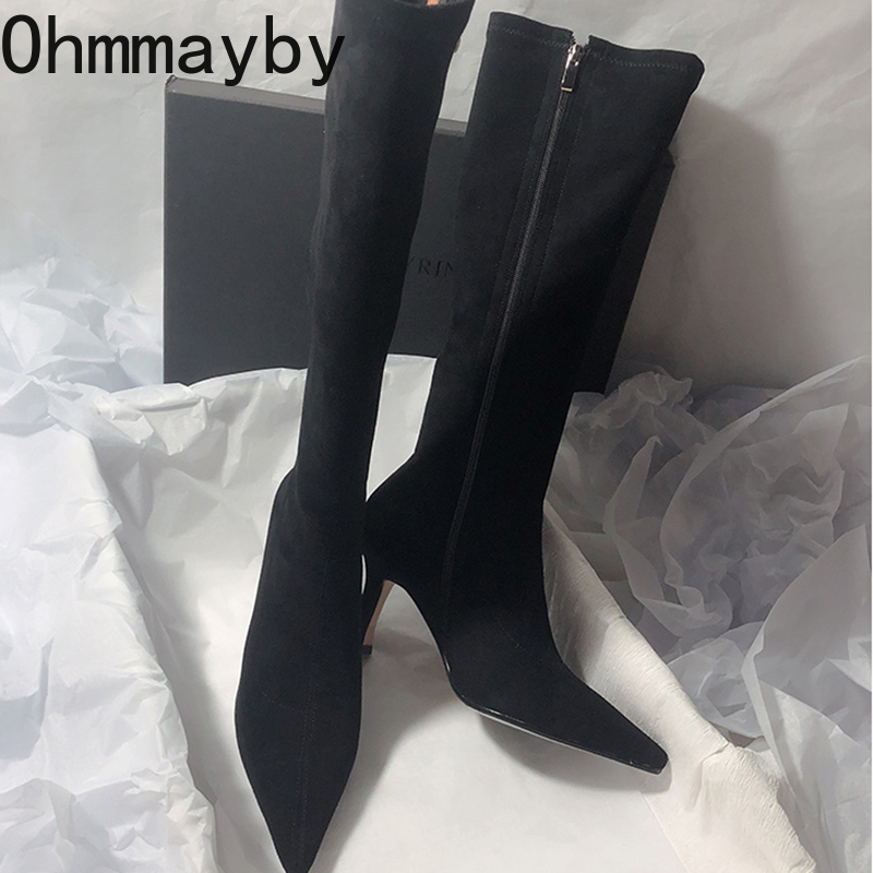 Women Stretch Modern Long Boots Fashion Pointed Toe Knee High Booties Designer High Heels Shoes