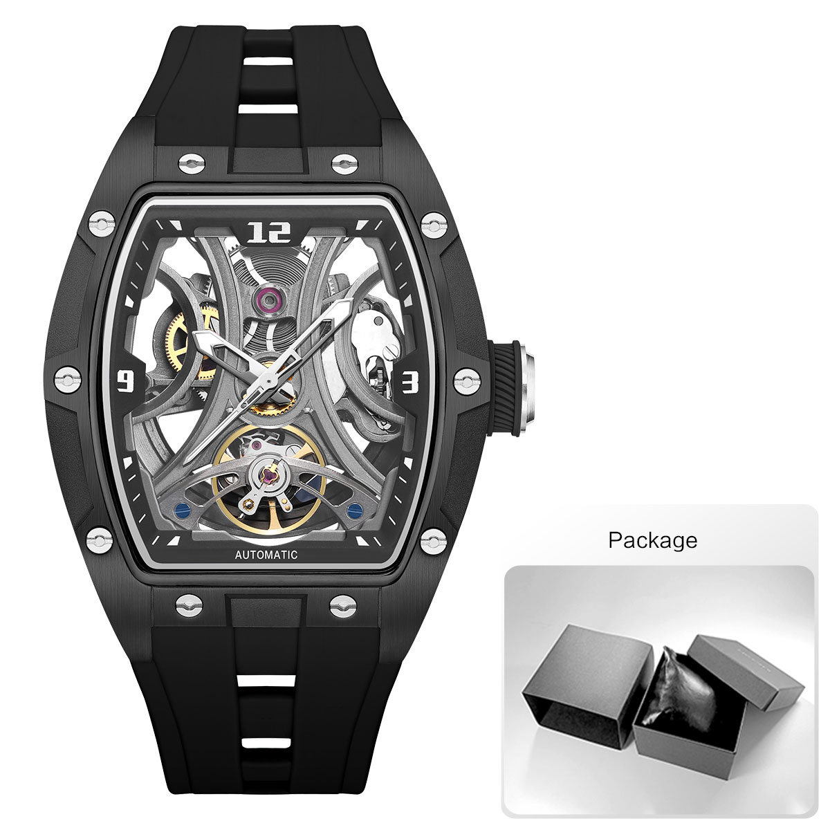MEGIR Sports Style Automatic Mechanical Watch for Men Full Hollow Transparent Dial Design Stainless Steel Case Silicone Strap