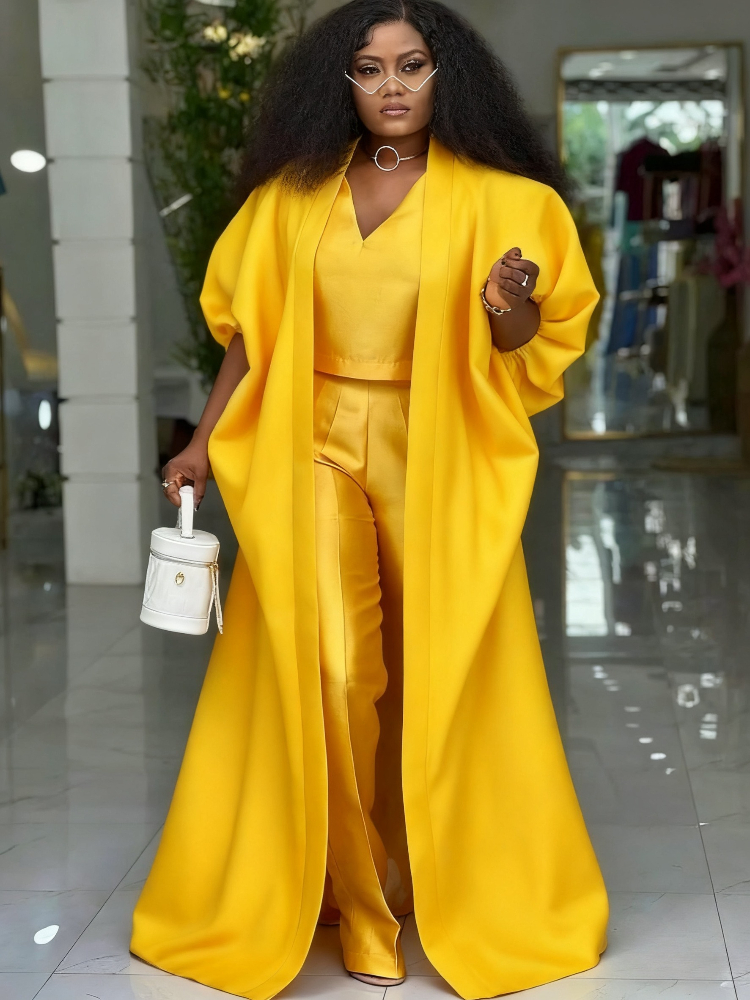 African Clothing Women Three Pieces Set Loose Long Coat Crop Tops Shirt with High Waist Pants Elegant Kaftan Church Occasion New