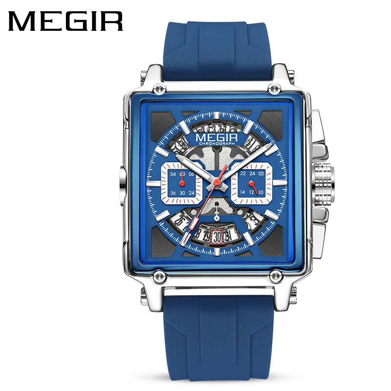 MEGIR 2233 Fashion Silicone Strap Luxury Square Watch Men's Watch Disc Quartz Chronograph Calendar Waterproof Watches for Men