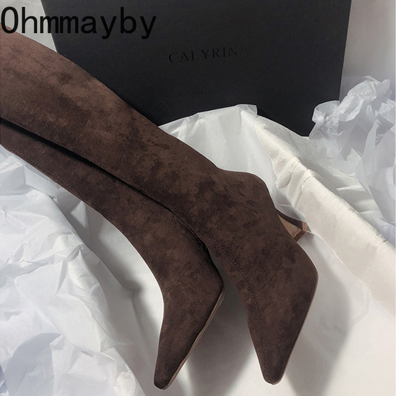 Women Stretch Modern Long Boots Fashion Pointed Toe Knee High Booties Designer High Heels Shoes