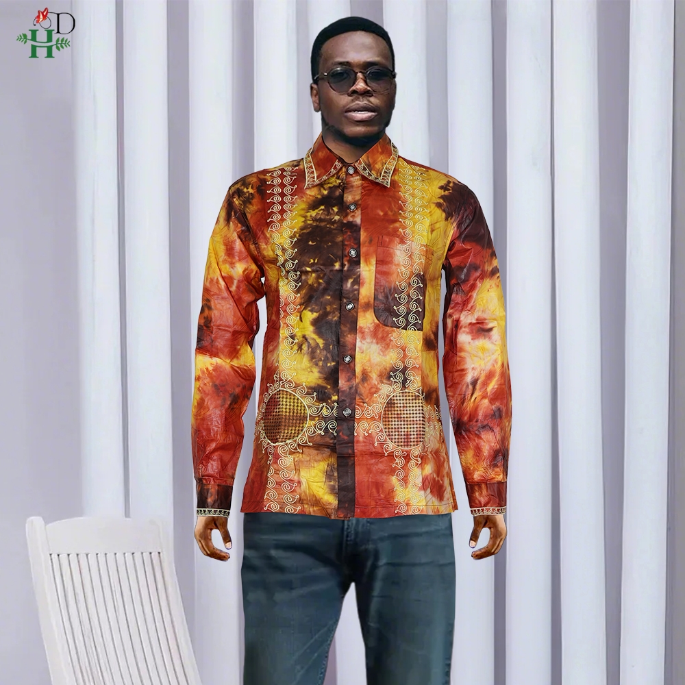 H&D African Mens Clothing Traditional Ankara Dashiki Men Shirt Embroidery Shirt Fashion Print Bazin Blue 2024