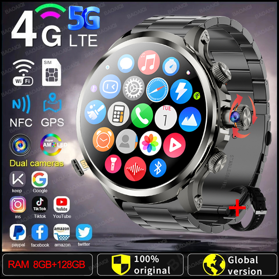 5G/4G Smart Watch 1.95 inch 680*680 AMOLED Screen 8GB+128GB RAM 900W Camera GPS WIFI Google APPS Download Android 9.0 Smartwatch