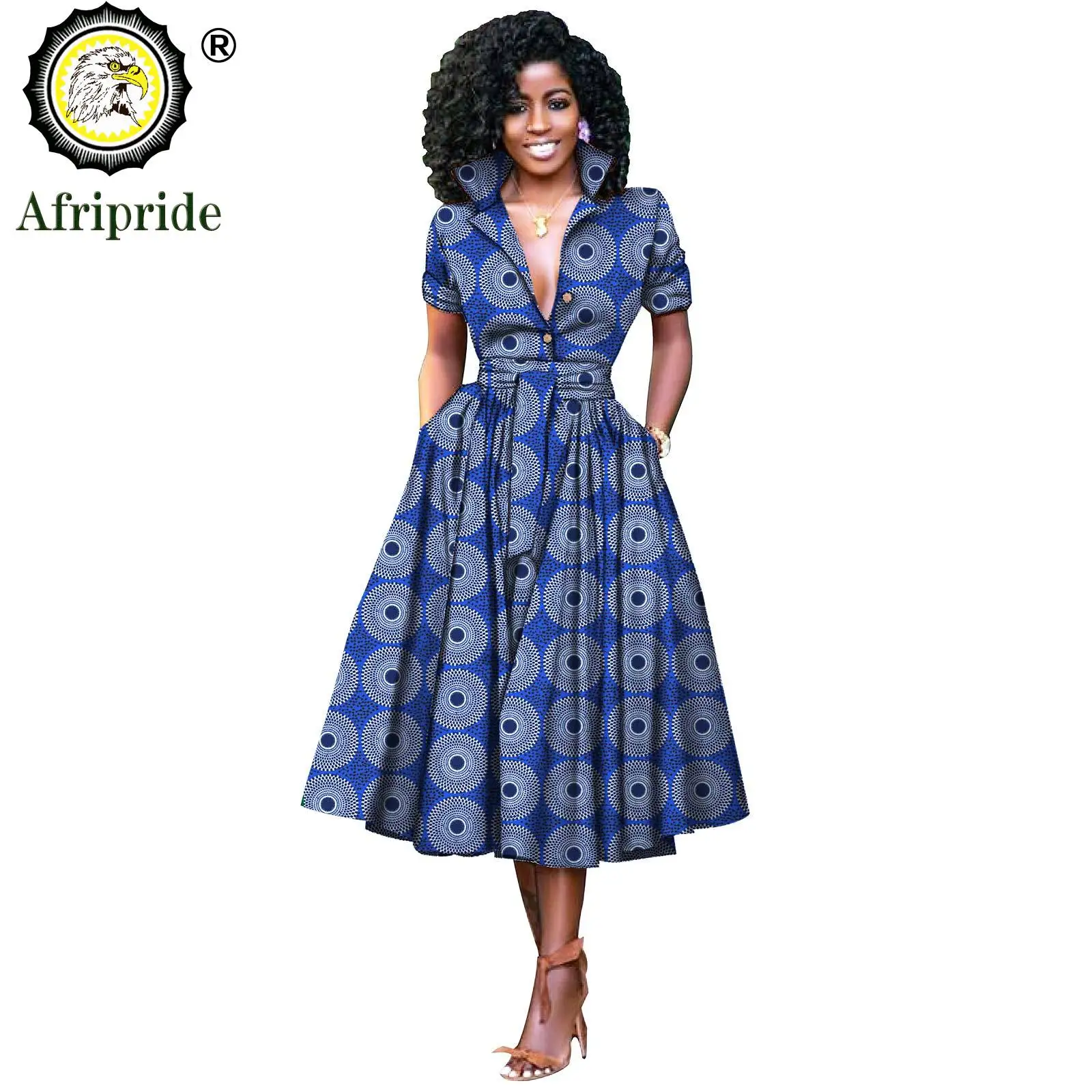 African Dresses for Women Short Sleeve V-neck High Waist Ankara Fabric Print Formal Dress Pure Cotton Bazin Riche Dress S2025072