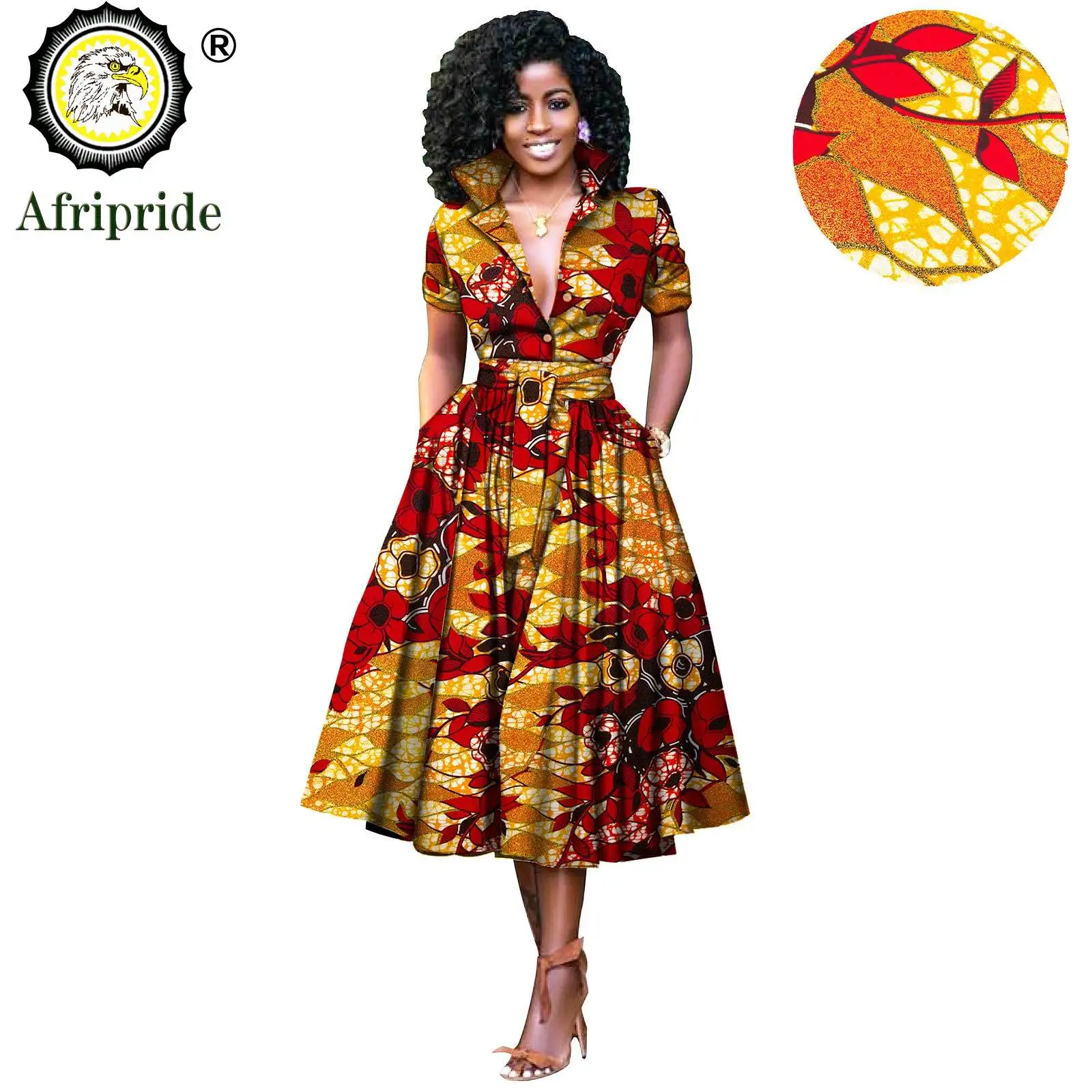 African Dresses for Women Short Sleeve V-neck High Waist Ankara Fabric Print Formal Dress Pure Cotton Bazin Riche Dress S2025072