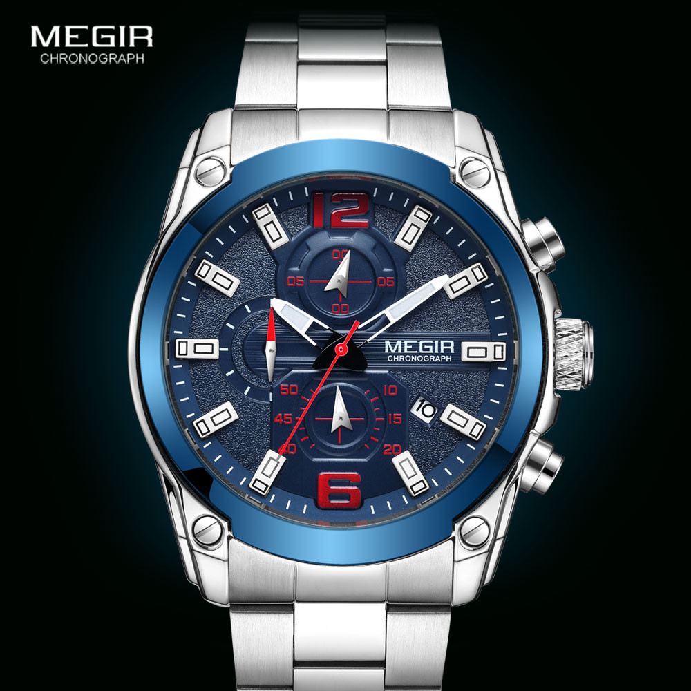 MEGIR Men's Watches Fashion Luxury Stainless Steel Wristwatch for Man Luminous Chronograph Quartz Watch Relogios мужские часы