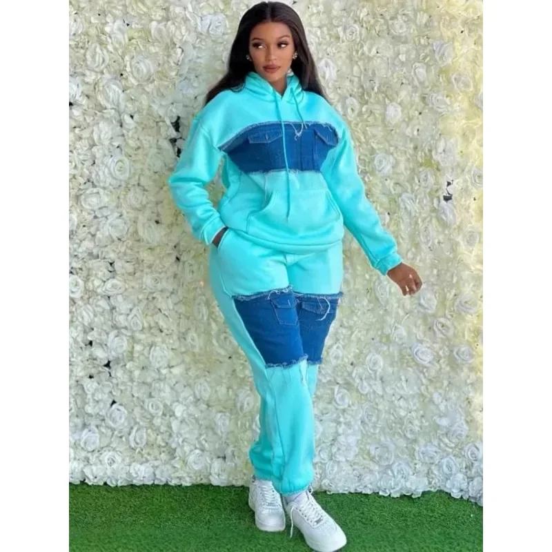 2 Piece Women Set Dashiki African Clothes Spring Autumn New Fashion Long Sleeve Denim Top And Pants Suit Party Matching Sets