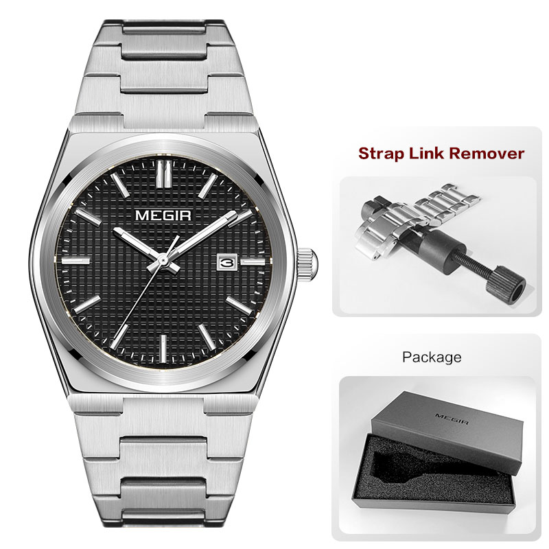 MEGIR Fashion Analog Quartz Watch for Men Steel Strap Dress Waterproof Luminous Wristwatch with Calendar Aquamarine Dial 1086