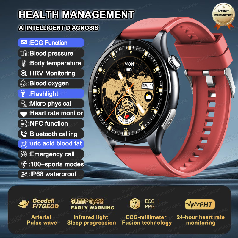 2025 New NFC  Health MonitorUric Acid Blood Pressure Blood oxygen Body Analysis Smart Watch ECG+PPG Clock Smartwatch Men lady