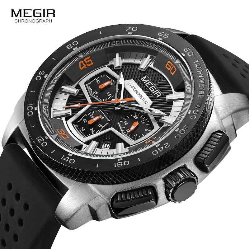 Megir Men's Army Sports Chronograph Quartz Watches Silicone Band 24 Hours Military Waterproof Wristwatch for Man 2056GS-BK-1