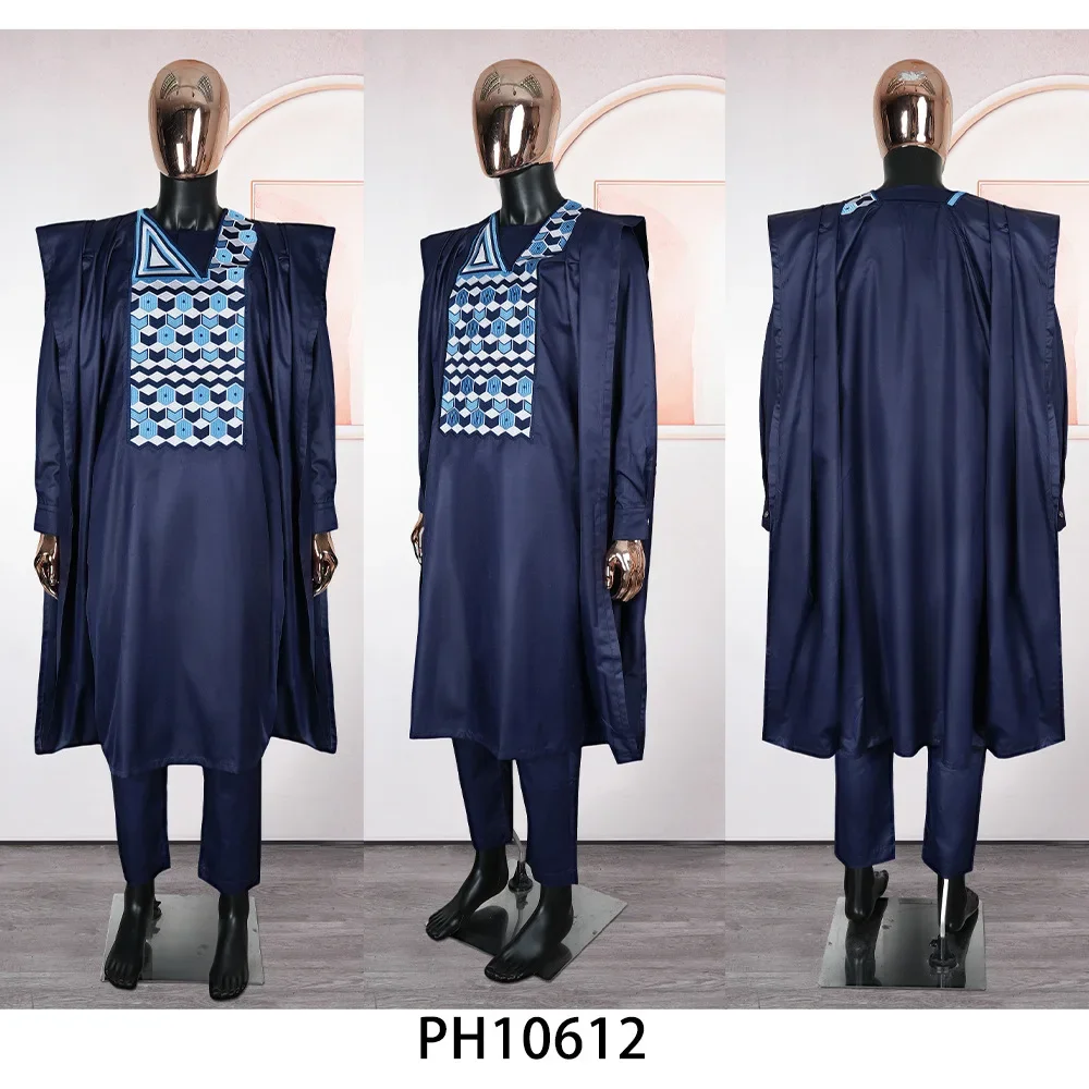 3 Piece African Clothes for Men Dashiki Tradition Outfit Robe Embroidery Tops Pants Suits Bazin Muslim Wedding Party Clothing