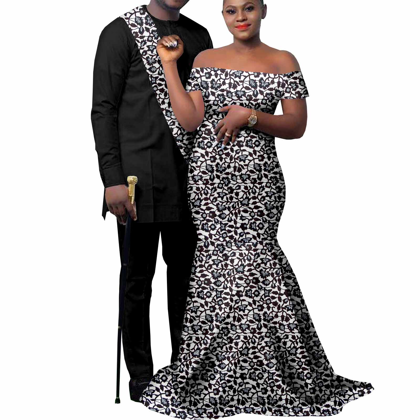 African Clothes for Couples Bazin African Print Long Dresses for Women Match Men Outfits Dashiki Top and Pants Sets Y22C023