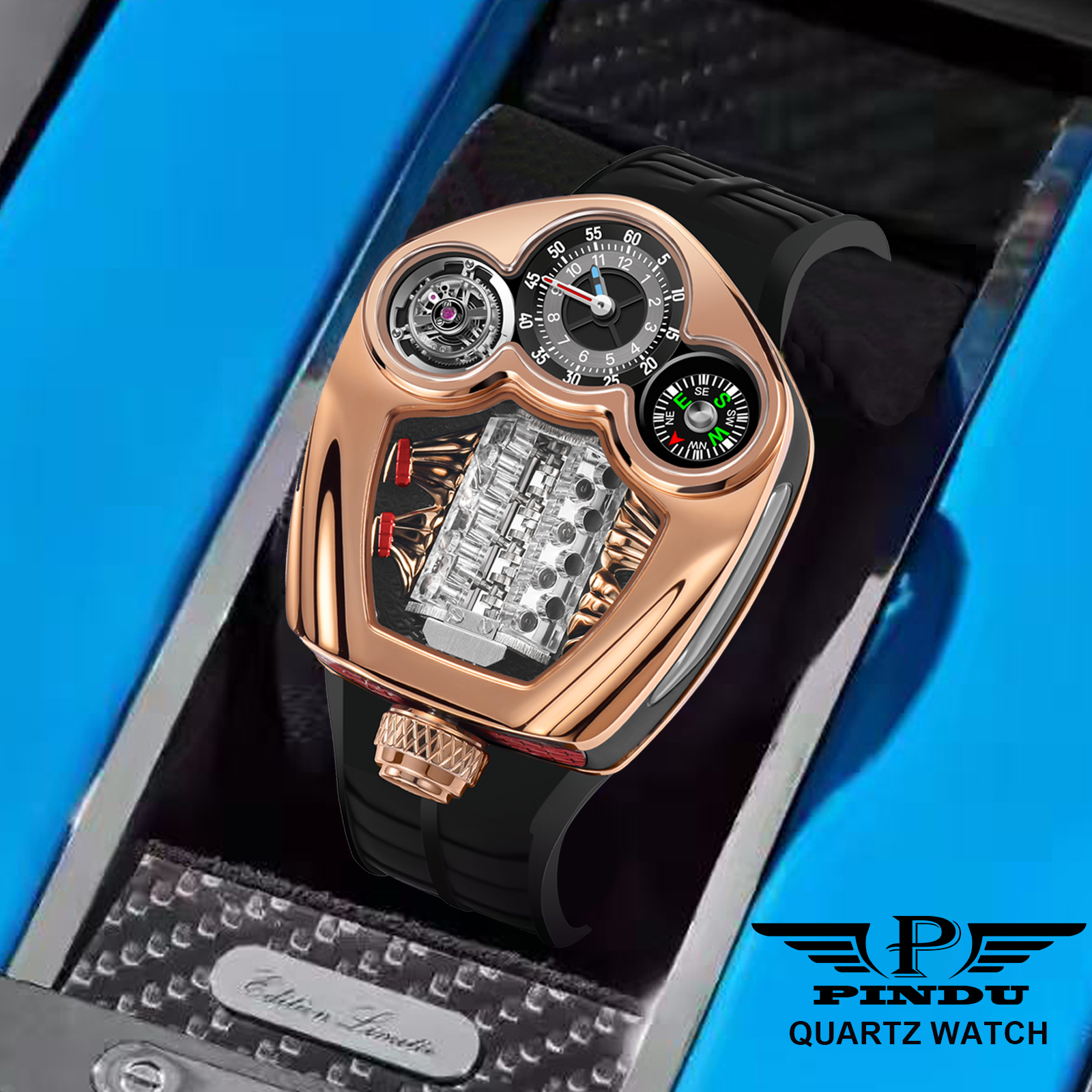 PINDU Design NEW Engine Series Quartz Watch Men TOP-luxurious Stainless steel Compass Waterproof Swiss quartz 762 movement watch