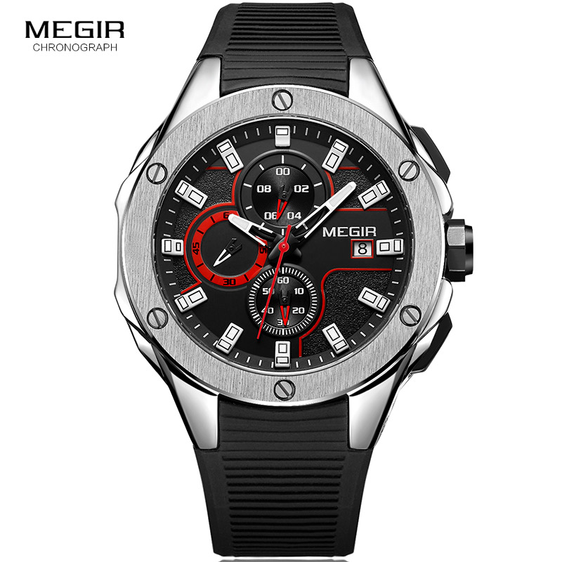 MEGIR Men's Sports Quartz Watches Fashion Silicone Strap Chronograph Wristwatch for Man Luminous Hands Waterproof 2053GBK