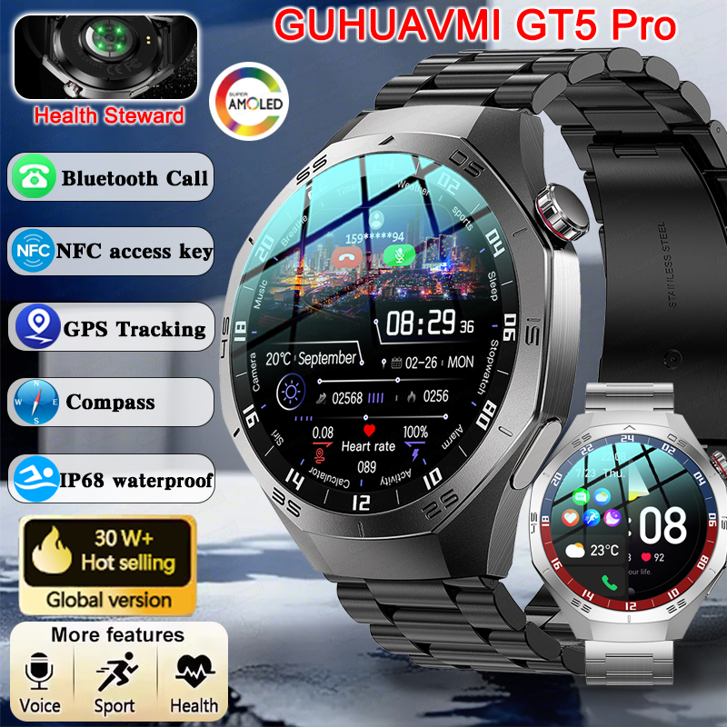 2025 New GUHUAVMI GT5 Pro Smart Watch Men HD AMOLED Screen GPS Motion trajectory HeartRate Bluetooth Call 1.52" SmartWatch IP68
