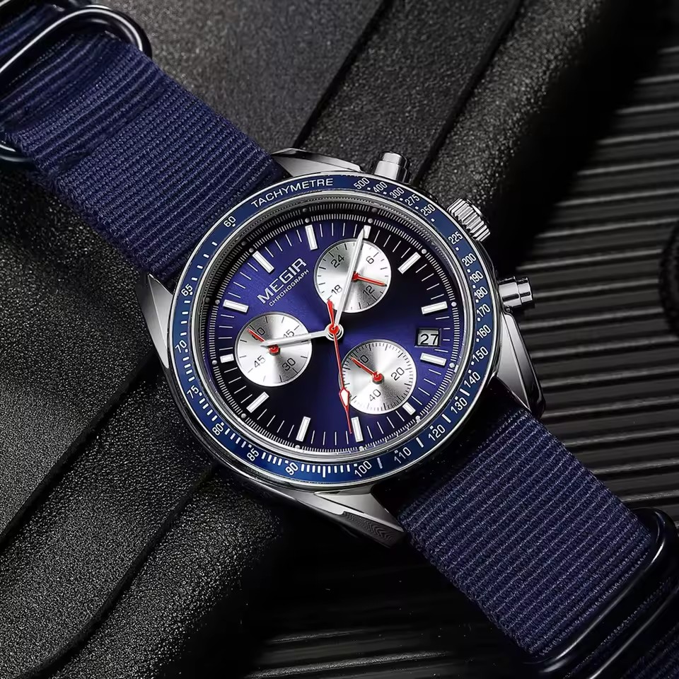 MEGIR 2247 Men's Luxury Quartz Watch Canvas Weaving Strap Chronograph Life Waterproof Calendar Leisure Fashion Men's Watch Gift
