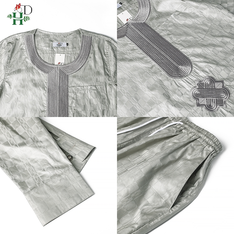 H&D African Clothes For Men Dashiki Top Pant 2 Pieces Outfit Set Riche Grey Embroidery Shirt Trouser Rich Bazin Original Muslim