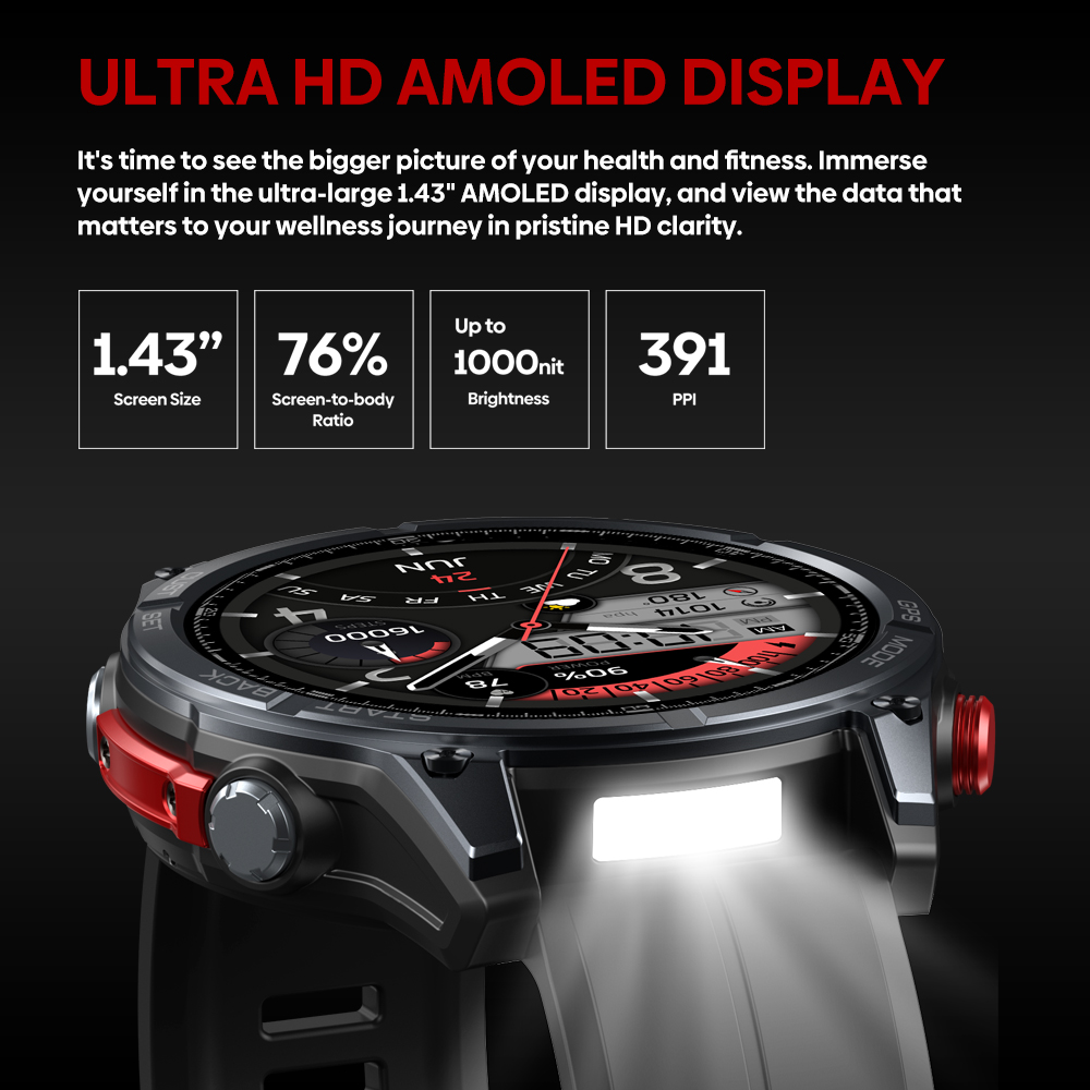 New Ciberer Vertix Stratos 4 GPS Smart Watch 1.43''AMOLED Display Built-in Compass Flashlight 170+ Sports Modes 5 ATM Smartwatch