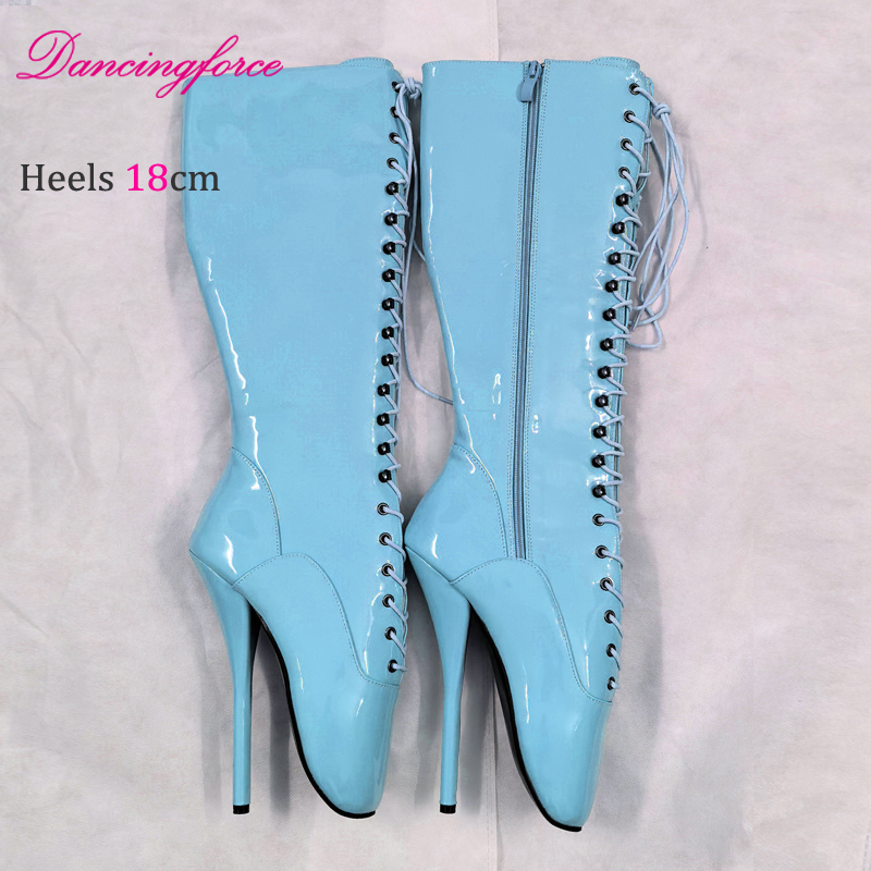 Dancingforce Stiletto Black Patent 18cm Sexy Fetish Ballet Shoes Extreme High Heel Women Knee High Ballet Boots Lace Up