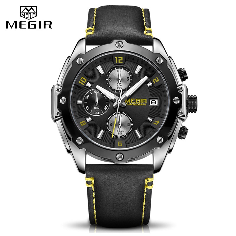 Men's Army Military Wrist Watch MEGIR Men Luxury Blue Watch Leather Sports Watches Mens Business Waterproof Quartz Clock Relogio
