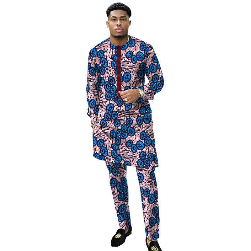 Nigerian Print Men Clothes Set Dashiki Shirts With Trousers Male Pant Suits Traditional Style African Pattern Wedding Wear