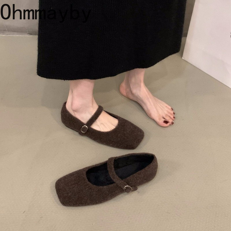 Autumn Woolen Fur Women Cotton Flats Shoes Concise Outdoor Soft Sole Shoes Ladies Comfort Square Toe Warm Mary Jane Shoes