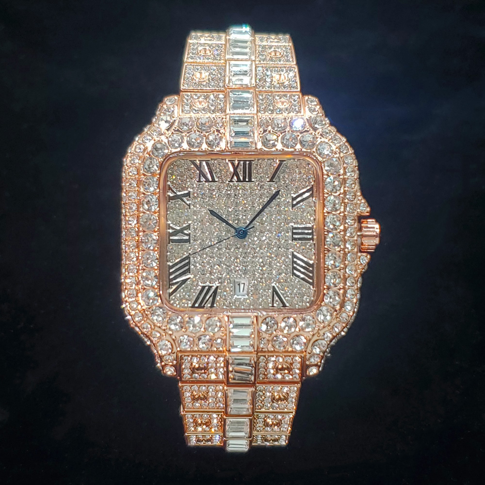 Luxury Diamond Watch for Men Hip Hop Style Bling Bling Iced Out Wristwatch Fashion Square Stainless Steel Waterproof Clock 2024