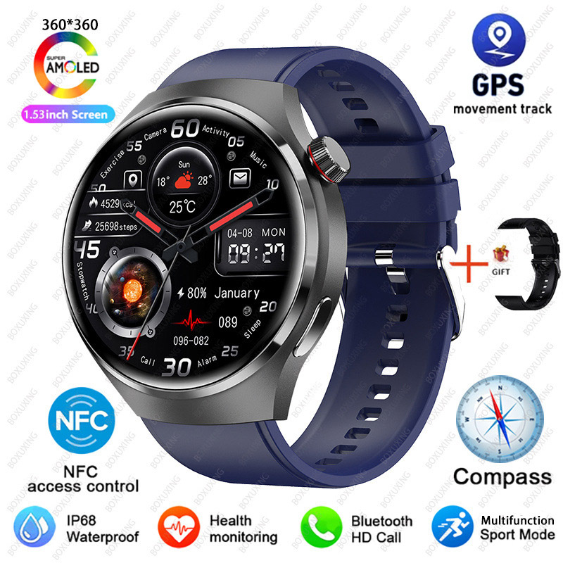 2025 New Watch 4 Pro GPS NFC Smart Watch Men 360*360 AMOLED Screen Heart Rate Bluetooth Call Waterproof Sports Man Smartwatch