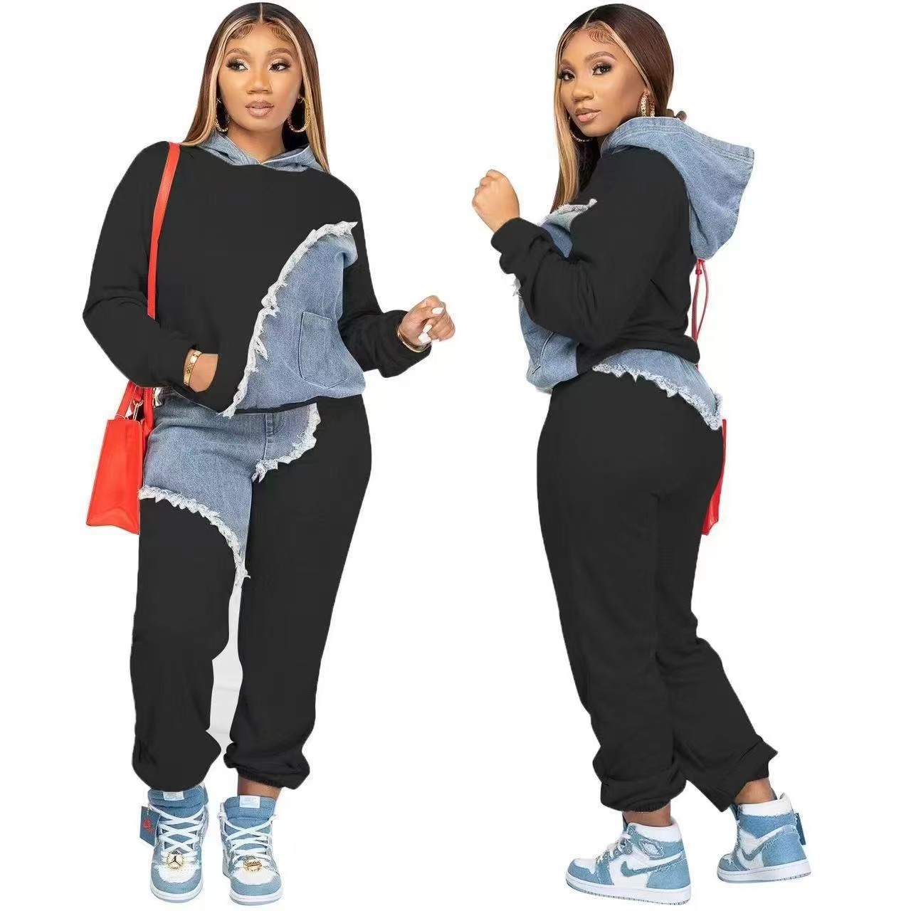 2 Piece Women Set Dashiki African Clothes Spring Autumn New Fashion Long Sleeve Denim Top And Pants Suit Party Matching Sets