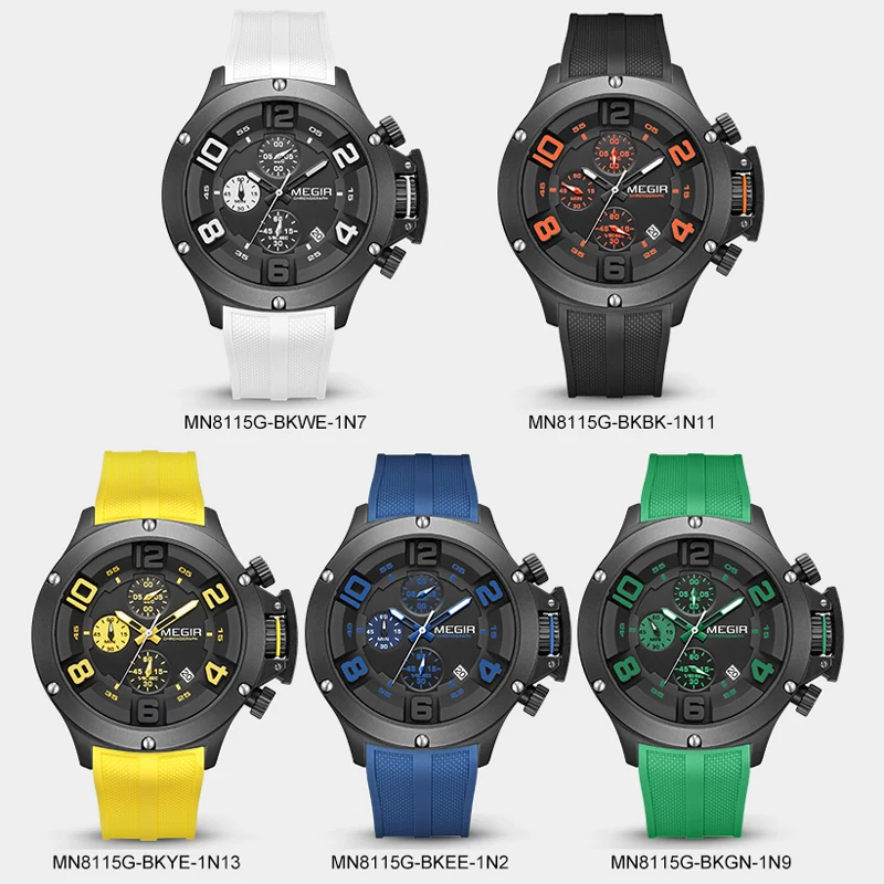 MEGIR 2025 Fashion Men's Silicone Strap Watch Luxury Calendar Chronograph Quartz Wristwatches Military Sport Luminous Clock Male