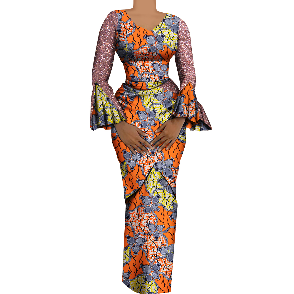 Women African Outfits 2 Pieces Set Shiny Flare Sleeves V Neck Tops and Long Pencil Skirts African Clothes for Women WY9972
