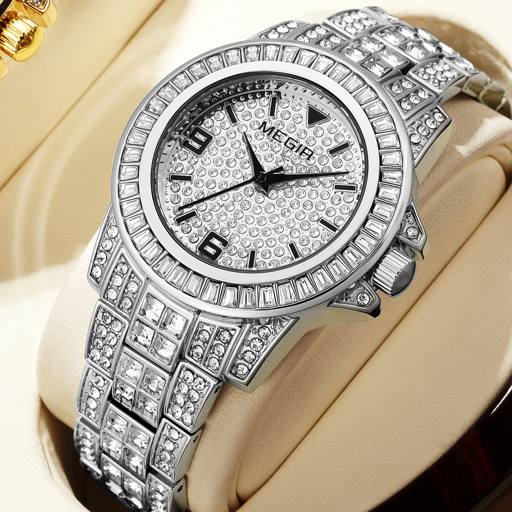 MEGIR Quartz Watch for Men Luxury Diamonds Golden Watch Man Waterproof Rhinestone Wrist Watch Business Men's Steel Band Watches