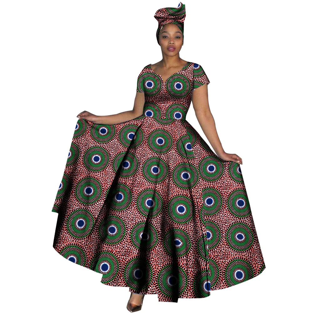 Fashion Women Clothes African Dresses Ankara Print V-neck Maix Long Dresses with Head Scarf Dashiki Women Outfit WY749