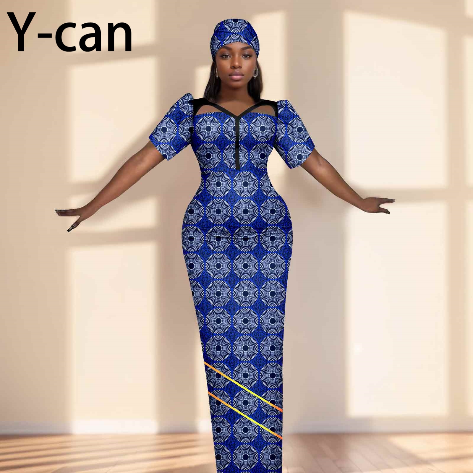 Party Gown African Dresses for Women Slim Fit Short Sleeve Dress Evening Vestidos with Headwrap Dashiki Ankara Print 2525071