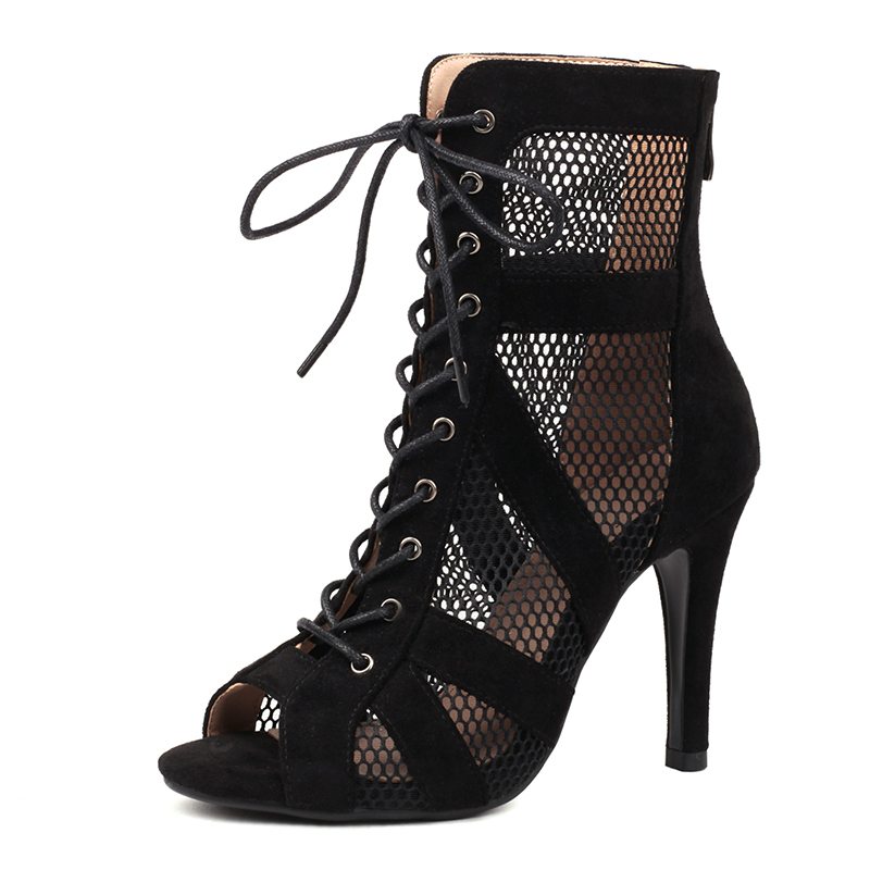 Women Latin Dance Shoes Black Boots High-Top High Heels Salsa Sandals Mesh Tango Boots Ladies Woman Party Ballroom Dance Shoes