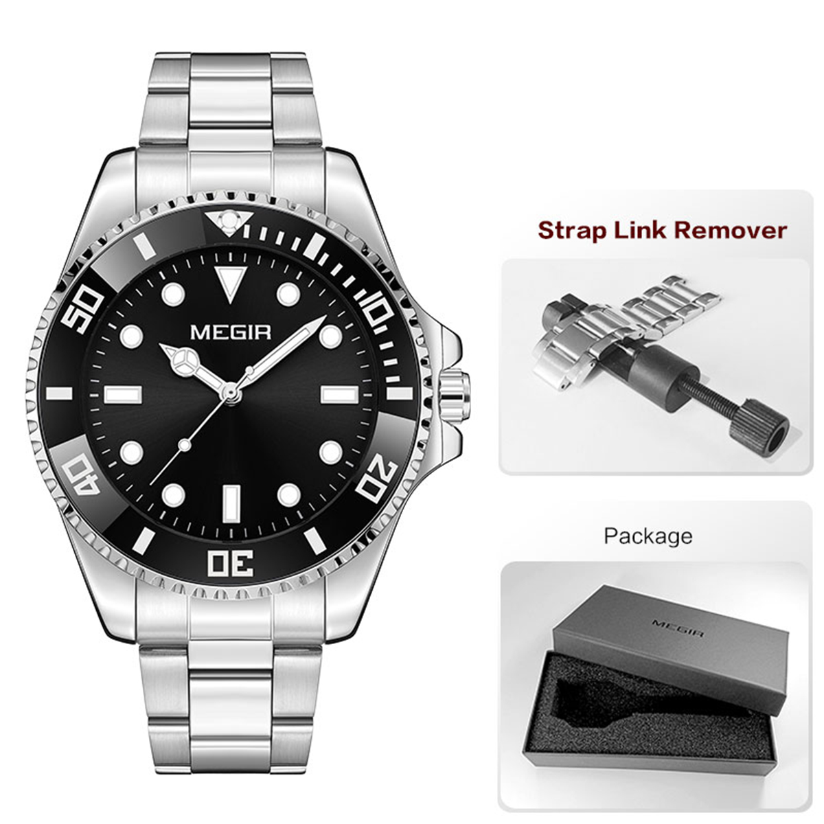 MEGIR Men's Minimalist Quartz Watch with Luminous Hands Calendar Date Stainless Steel Band Simple Business Style Wristwatch