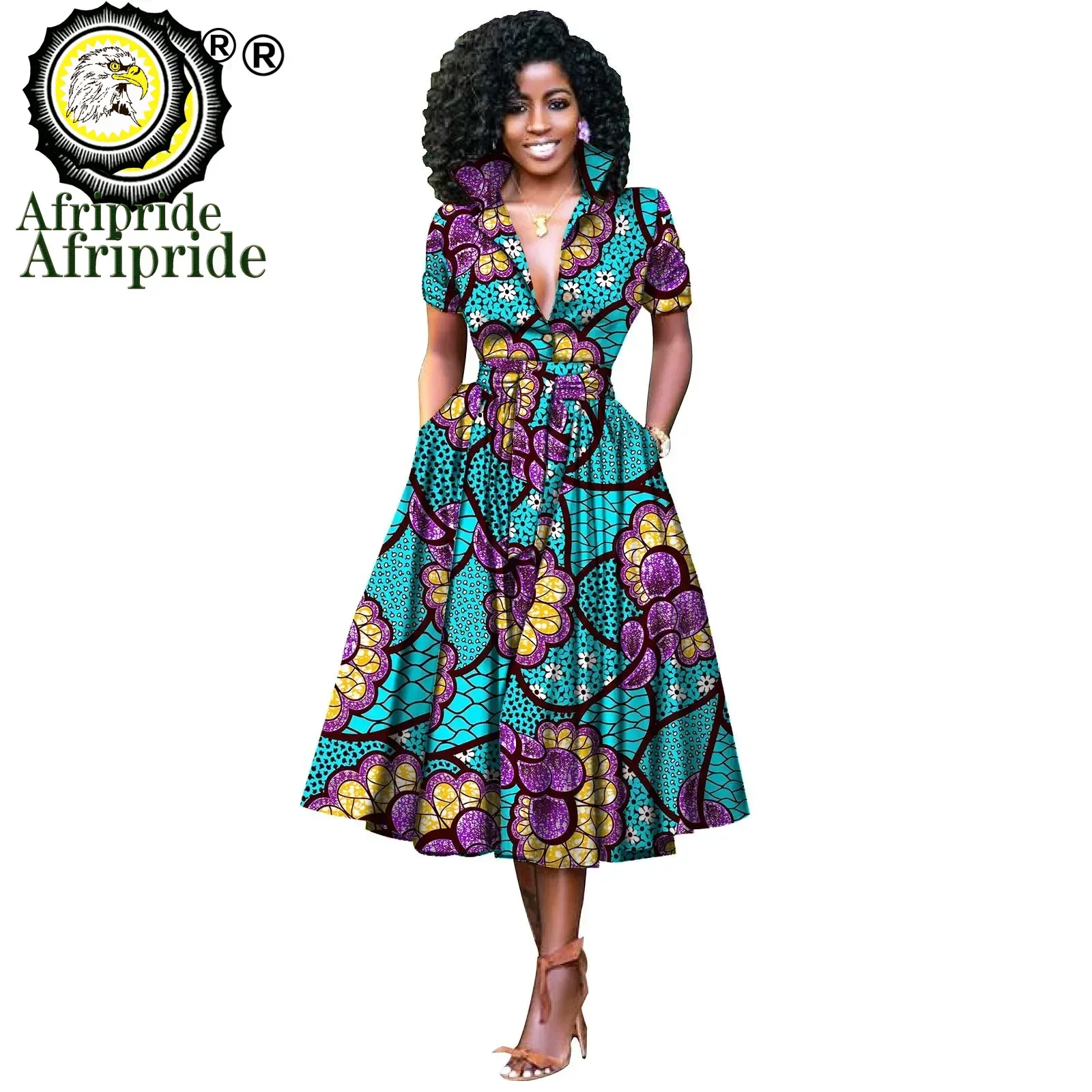 African Dresses for Women Short Sleeve V-neck High Waist Ankara Fabric Print Formal Dress Pure Cotton Bazin Riche Dress S2025072